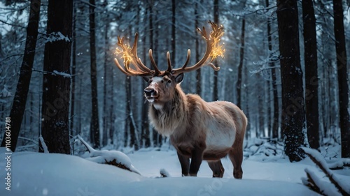 AI GENERATE, A mystical reindeer with glowing antlers standing in a snowy forest