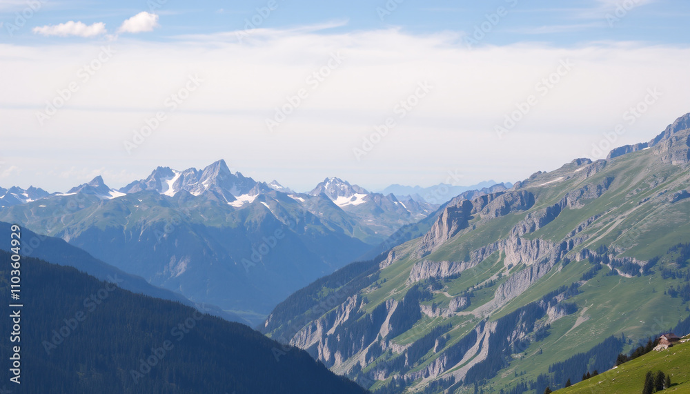 Panoramic alpine landscape with snow-capped peaks, green valleys, and dramatic clouds Panoramic alpine landscape with snow-capped peaks, green valleys, and dramatic clouds