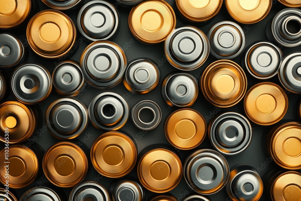 A Diverse Collection of Circular Metallic Battery Cells with Shiny Finishes and Varied Color Tones Arranged in an Aesthetic Pattern on a Dark Background A Diverse Collection of Circular Metallic Battery Cells with Shiny Finishes and Varied Color Tones Arranged in an Aesthetic Pattern on a Dark Background