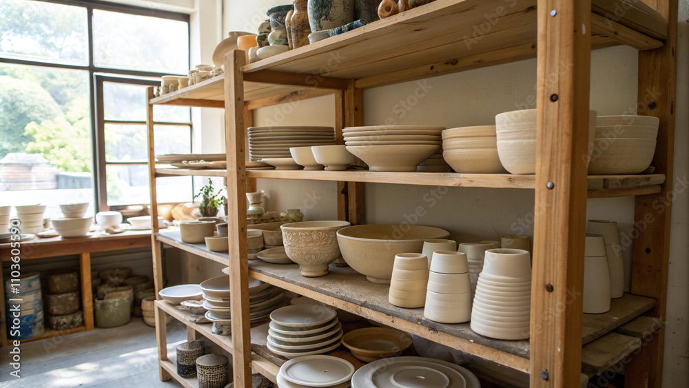 Pottery studio showcasing handmade ceramic pieces on wooden shelves in a well-lit space Pottery studio showcasing handmade ceramic pieces on wooden shelves in a well-lit space