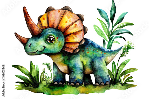 Cute triceratops dinosaur illustration, vibrant colors, foliage in background photo