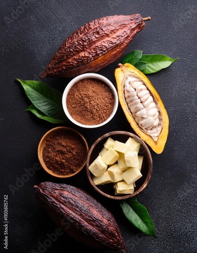 Cocoa beans, chocolate, cocoa butter and cocoa powder on a black backgroun  photo