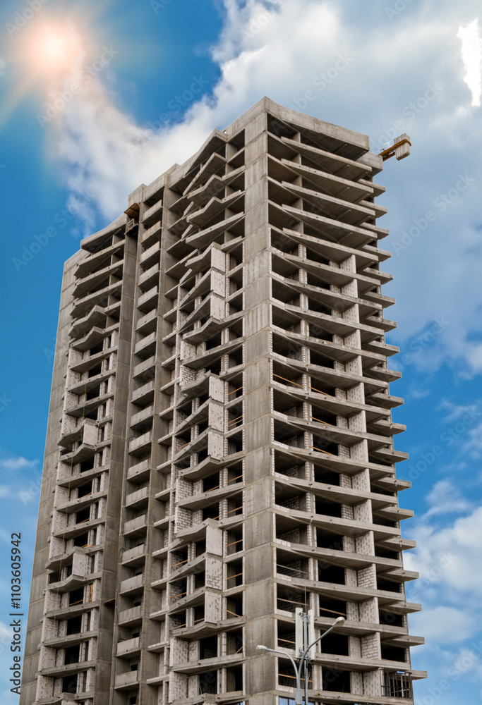 Crane and building construction site against blue sky Crane and building construction site against blue sky