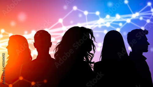 group of people silhouettes glowing background teamwork unity diversity collaboration social connection community creativity innovation