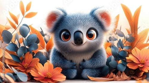 Logo design featuring a cheerful koala character with big eyes, surrounded by colorful eucalyptus leaves and playful flowers. The cute style and vibrant colors create a whimsical scene, enhanced  photo