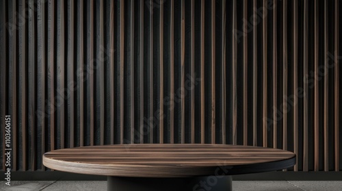 Fototapeta Naklejka Na Ścianę i Meble -  Brown round table top made of wood for product presentation. Empty circle mockup podium in luxury space.