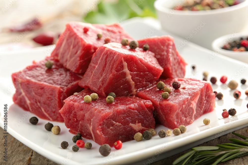 Fresh Raw Beef Chunks with Peppercorns in Macro Photography Fresh Raw Beef Chunks with Peppercorns in Macro Photography