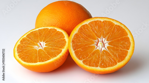 Two halves and one whole orange on a white background. Juicy and ripe, showcasing vibrant color and texture. Perfect for healthy eating and citrus themes.