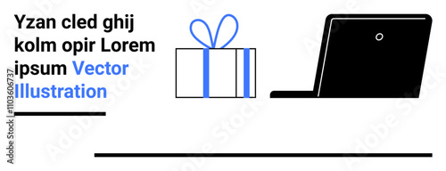 Laptop next to a wrapped gift with ribbon, placeholder text with blue highlight. Ideal for e-commerce, online shopping, digital gifts, advertising, marketing, social media, business presentations