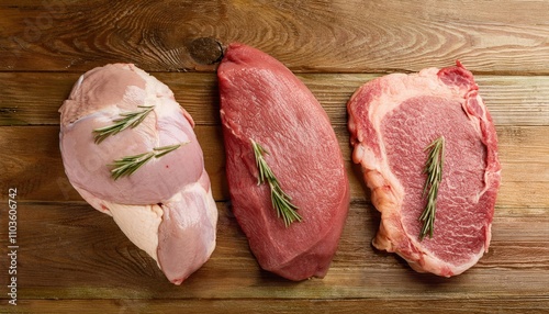 Different types of fresh raw meat, on wooden background , top view photo