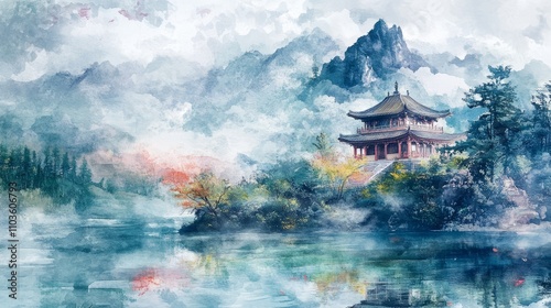 Peaceful watercolor artwork of a Japanese or Chinese temple amid mountains, river, and clouds.