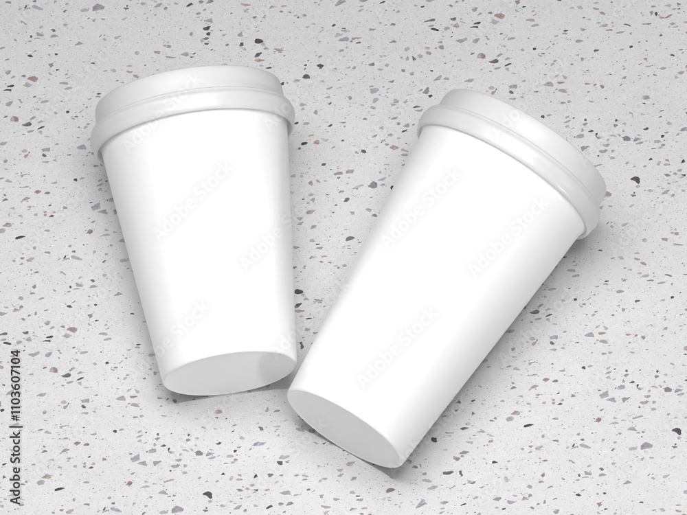 Two White Blank Cups with Textured Surface Mockup Two White Blank Cups with Textured Surface Mockup