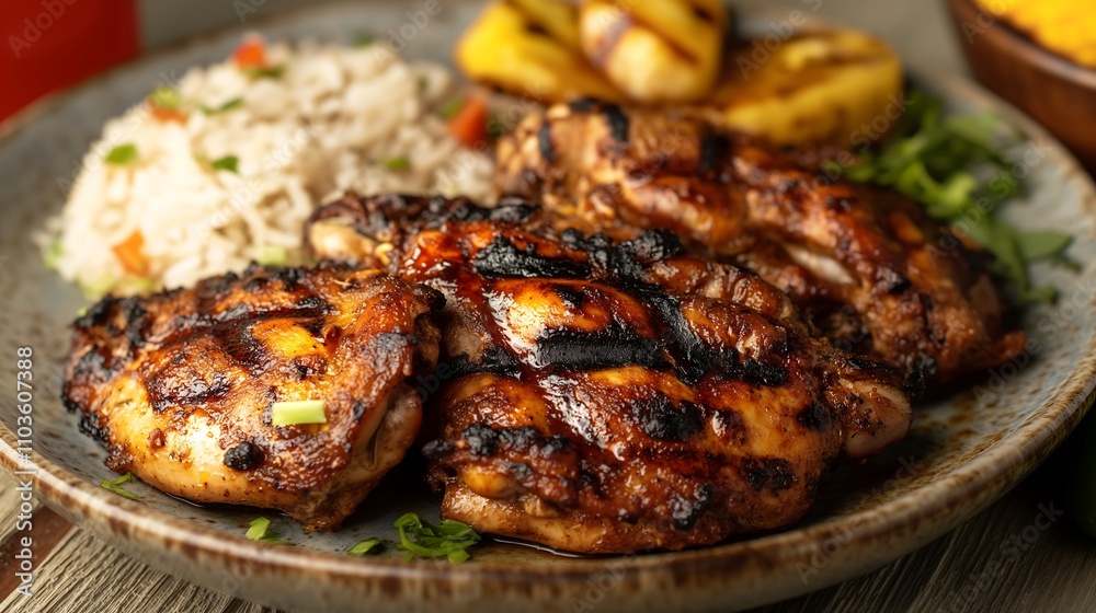 A tantalizing plate of jamaican jerk chicken with a fiery marinade, grilled to perfection and served with plantains and rice. A tantalizing plate of jamaican jerk chicken with a fiery marinade, grilled to perfection and served with plantains and rice.