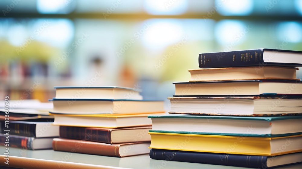 Several stacks of colorful books on a table and bookshelf with blurred library or bookstore background Several stacks of colorful books on a table and bookshelf with blurred library or bookstore background