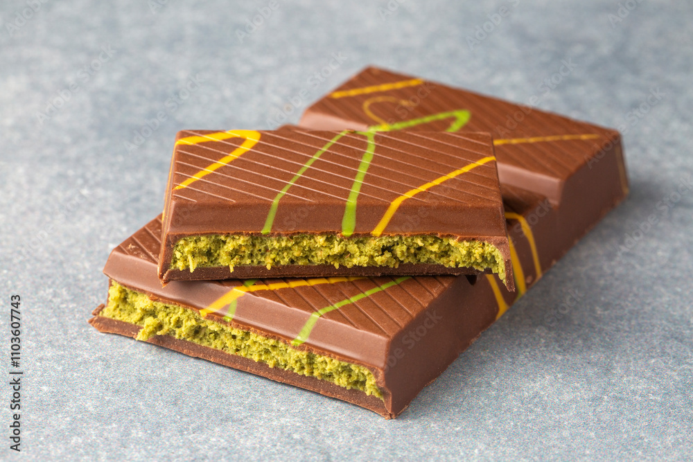 Dubai chocolate, pistachio paste and kunefe filled milk chocolate