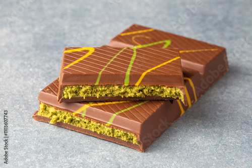 Dubai chocolate, pistachio paste and kunefe filled milk chocolate