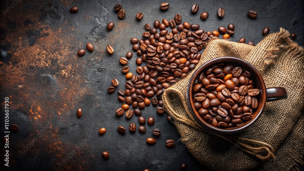 Freshly Roasted Coffee Beans in Espresso Mug with Scattered Seeds from Burlap Sack on Black Concrete Table - Top View Close-Up with Copy Space for Coffee Lovers Freshly Roasted Coffee Beans in Espresso Mug with Scattered Seeds from Burlap Sack on Black Concrete Table - Top View Close-Up with Copy Space for Coffee Lovers