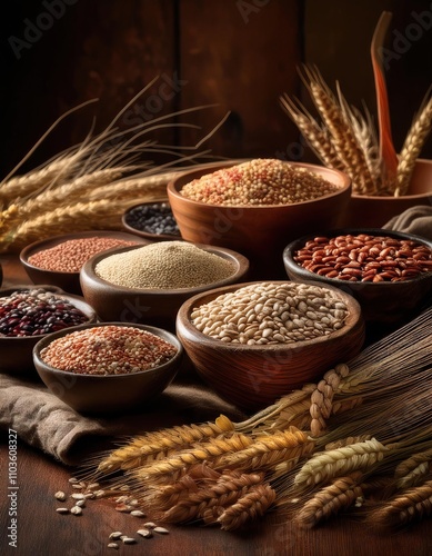 whole grains showcasing essential micronutrients, with a textured backdrop  photo