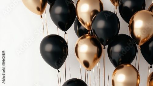 Shiny black and gold balloons with a matte finish, creating a luxurious and bold display, on white photo