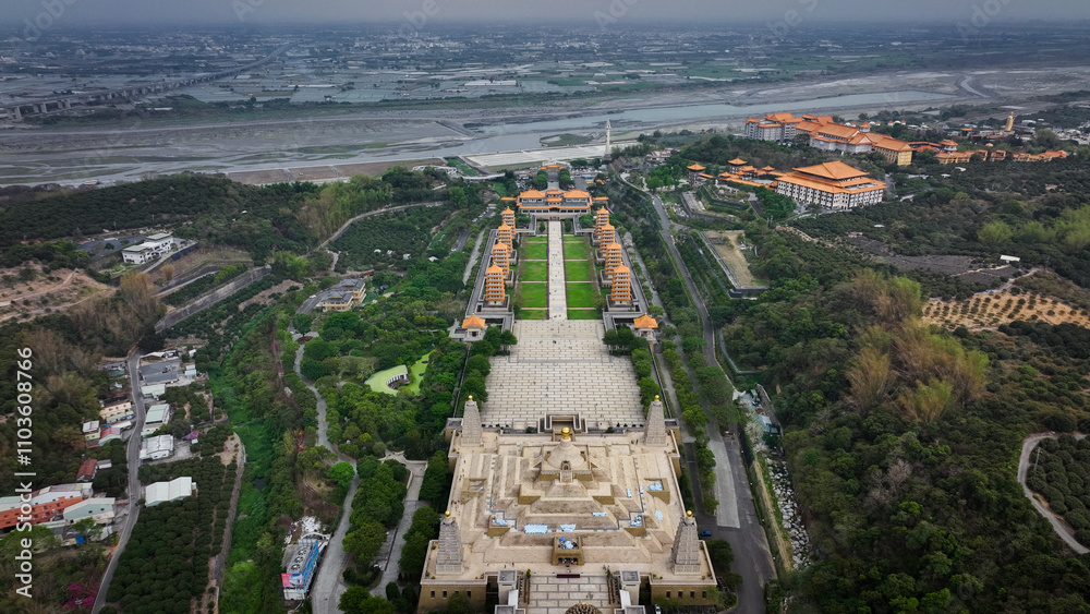 Fototapeta premium Aerial view of the Fo Guang Shan Buddha Complex in Taiwan, highlighting its architecture