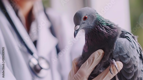 Close-up of veterinarian examining a sick bird with a stethoscope, bird perched on sterile examination table, focusing on attentive face and delicate feathers.
