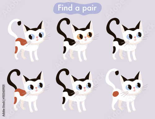 Find two some pictures educational game for kids with cute cat. Vector illustration. Find two identical game. Logical puzzle, brain teaser for children.