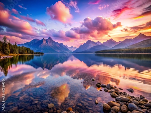 Hazy Purple Sunset Over Lake McDonald in Glacier National Park, Montana - Captivating Reflections and Tranquil Waters Amidst Majestic Mountains photo