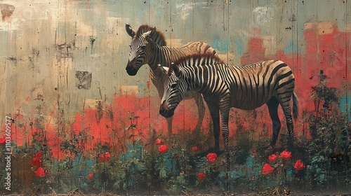 Two zebras in a colorful, abstract landscape with flowers, blending nature and art. photo