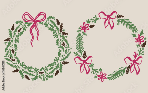 Beautiful hand drawn whimsical style vector Christmas decorative wreaths set