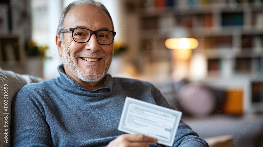 Senior man smiling joyfully as he receives a retirement payment check in a cozy living room, celebrating financial security and peaceful home life. Senior man smiling joyfully as he receives a retirement payment check in a cozy living room, celebrating financial security and peaceful home life.