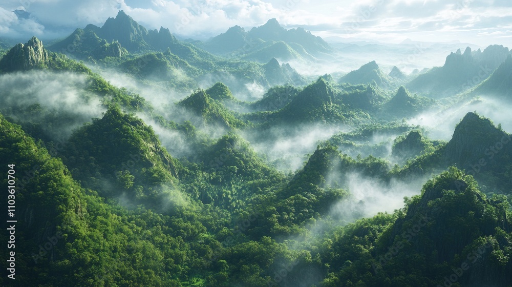 Obraz premium Mountainous terrain covered in lush forests, Misty morning light