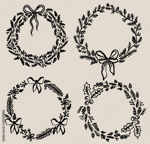 Beautiful hand drawn whimsical style vector Christmas decorative wreaths set