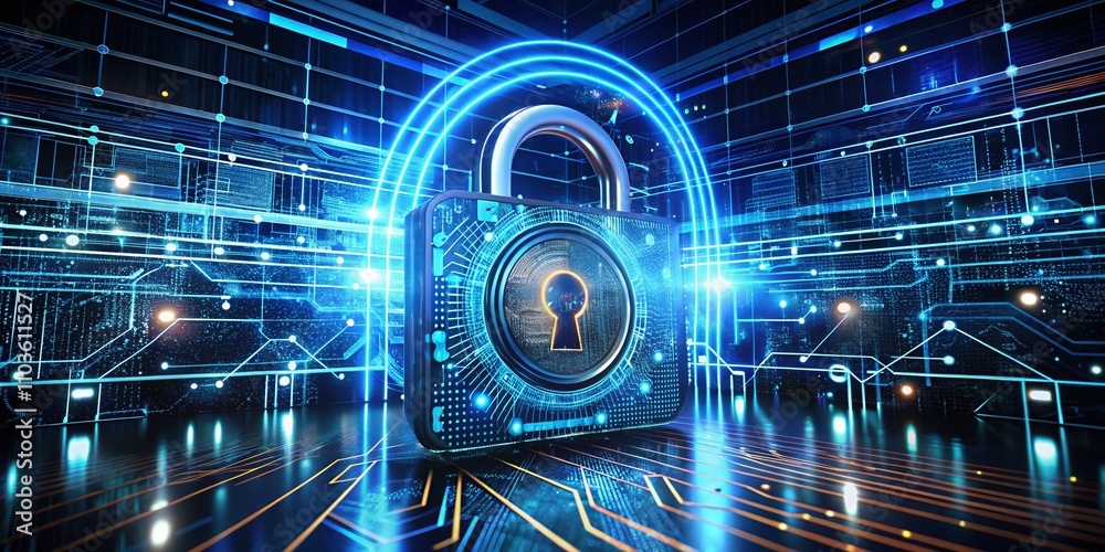 Futuristic 3D Smart Cyber Lock Display Representing Advanced Cyber Security Solutions with Digital Interface and Data Protection Symbols in a Modern Tech Environment