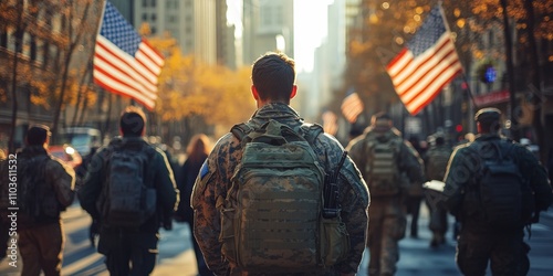 Soldiers Marching with US Flags in Urban Parade