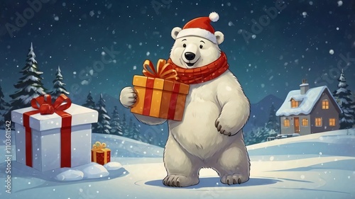 AI GENERATE, A cute, cartoon-style polar bear with a scarf delivering Christmas