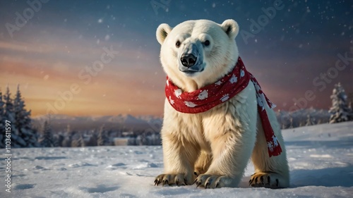 AI GENERATE, A cute, cartoon-style polar bear with a scarf delivering Christmas
