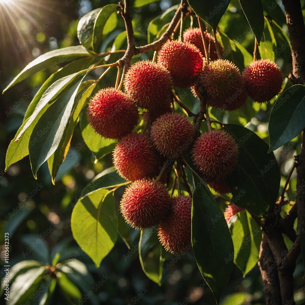 A bundle of lychees hanging from a branch with sunlight streaming through leaves.
A bundle of lychees hanging from a branch with sunlight streaming through leaves.
