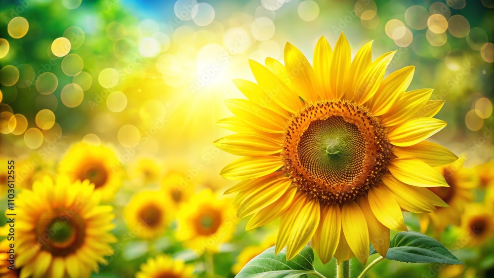 Fototapeta premium Lush Sunflower Field with Bokeh Effect: A Stunning Background for Nature Lovers and Floral Enthusiasts to Enhance Your Creative Projects and Capture the Beauty of Sunflowers