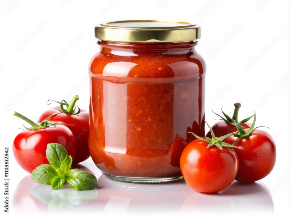 Macro Shot of a Tomato Sauce Jar on a White Background with Clipping Path for Culinary and Food Photography Macro Shot of a Tomato Sauce Jar on a White Background with Clipping Path for Culinary and Food Photography