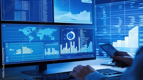 Analysts use computers and dashboards for business analysis