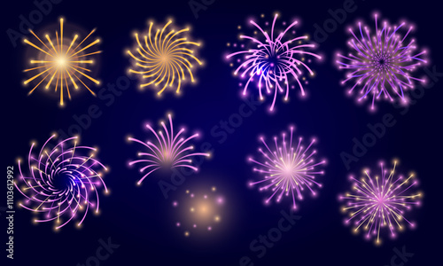 set of colorful fireworks and salute