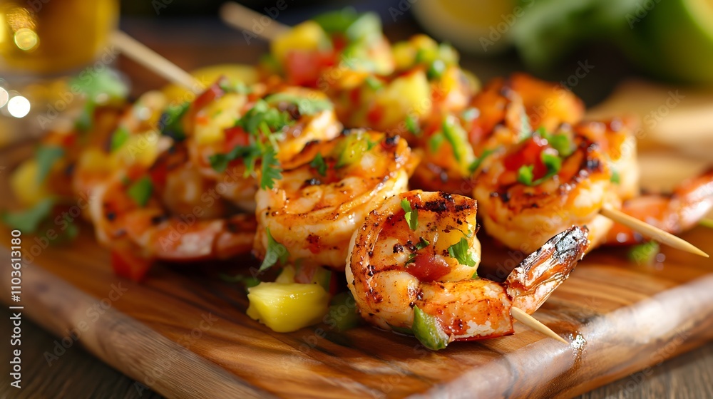 A tempting platter Caribbeans jerk shrimp skewers with pineapple salsa,  grilled with perfection and garnished with cilantro.