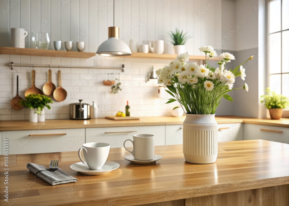 Minimal Cozy Counter Mockup Design for Product Presentation with Bright Wood Top, White Counter, Wall, Vase, Flower, Mug, Chop, Fork, Spoon, and Cup in Kitchen Interior Minimal Cozy Counter Mockup Design for Product Presentation with Bright Wood Top, White Counter, Wall, Vase, Flower, Mug, Chop, Fork, Spoon, and Cup in Kitchen Interior