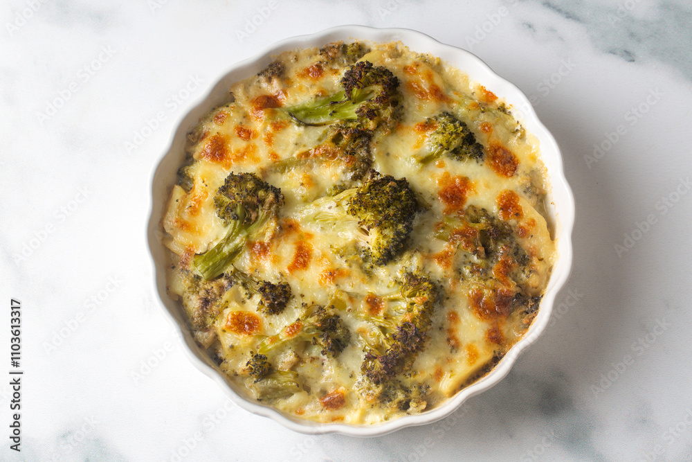 Casserole Cauliflower and broccoli baked with cheese sauce in a pot close-up on a wooden table. Horizontal top view from above. Broccoli gratin.