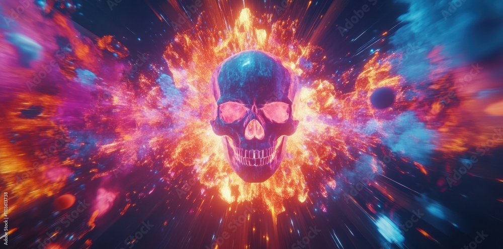 Colorful explosion with glowing skull at the center of action Colorful explosion with glowing skull at the center of action