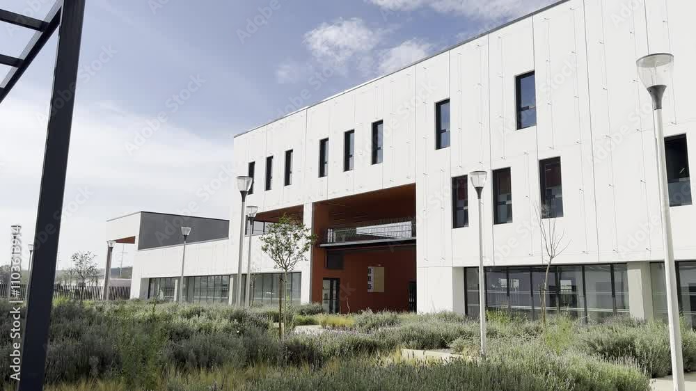 Modern white building with red accents, landscaped greenery, and outdoor pathways under clear skies Modern white building with red accents, landscaped greenery, and outdoor pathways under clear skies