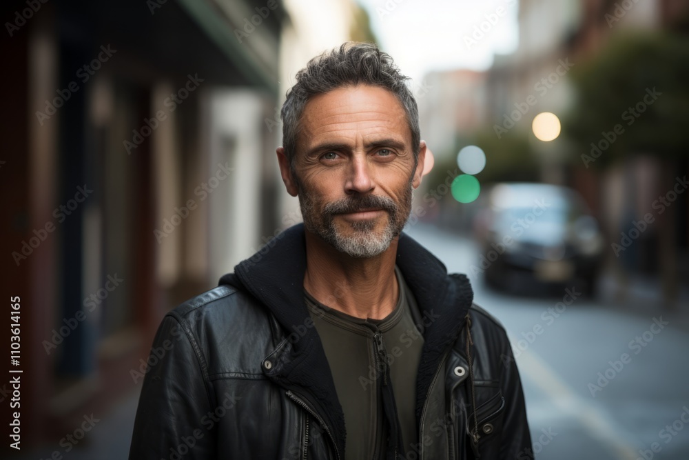 Portrait of a handsome middle-aged man with a beard and mustache in a leather jacket on a city street. Portrait of a handsome middle-aged man with a beard and mustache in a leather jacket on a city street.