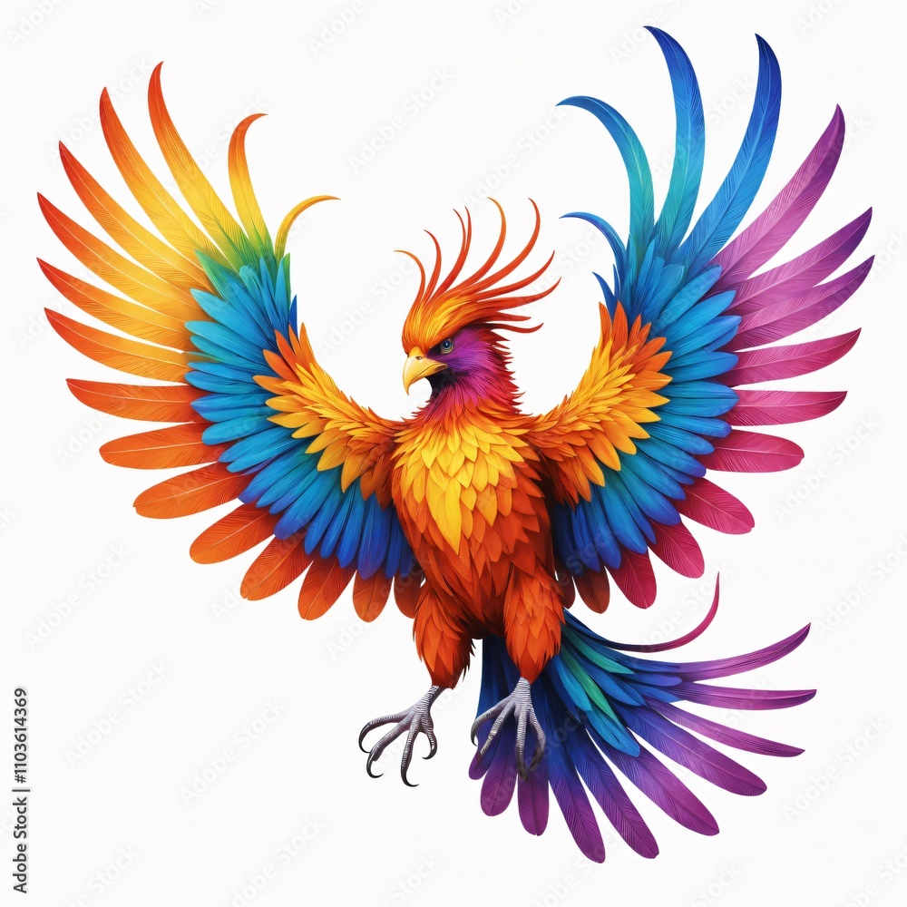 Naklejka premium rainbow phoenix illustration, colorful mythical bird, isolated on white background