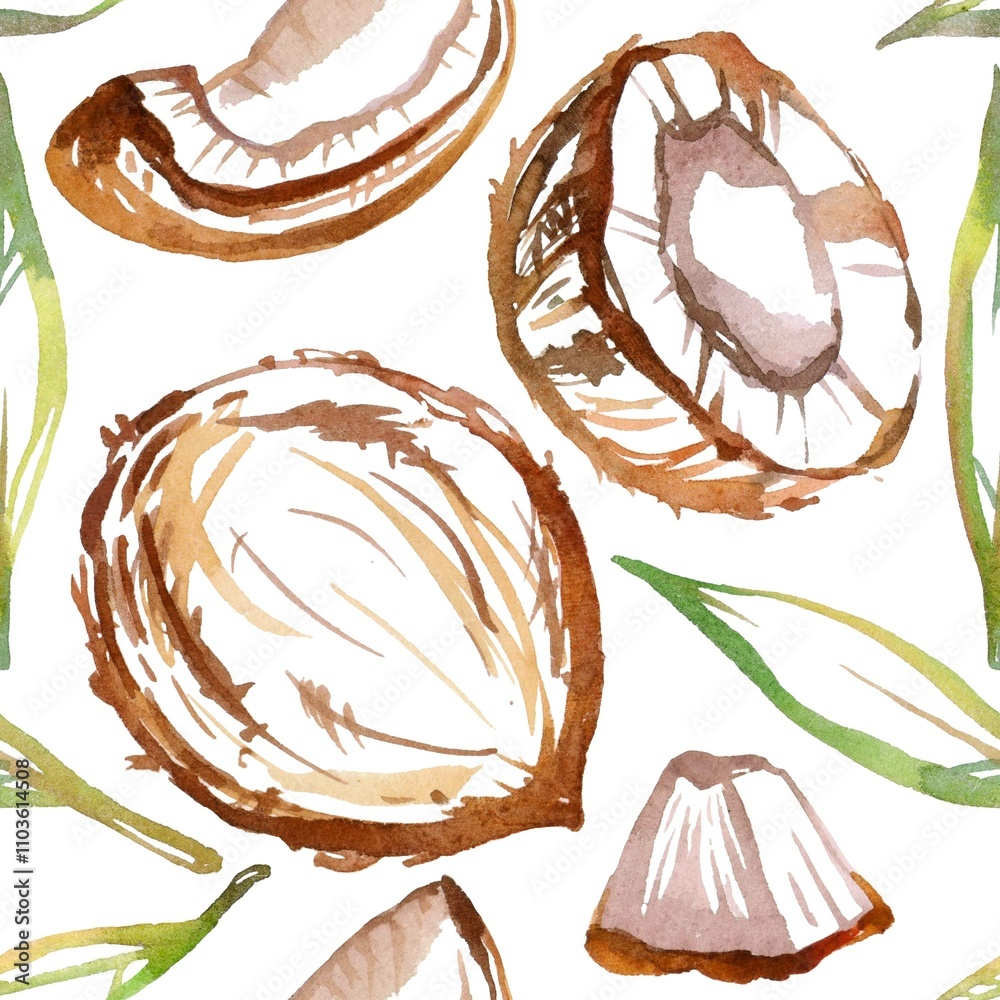 Seamless watercolor pattern featuring coconuts, coconut slices, and ...