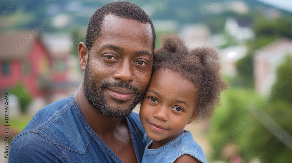 African American father and his daughter smiling in a city background African American father and his daughter smiling in a city background